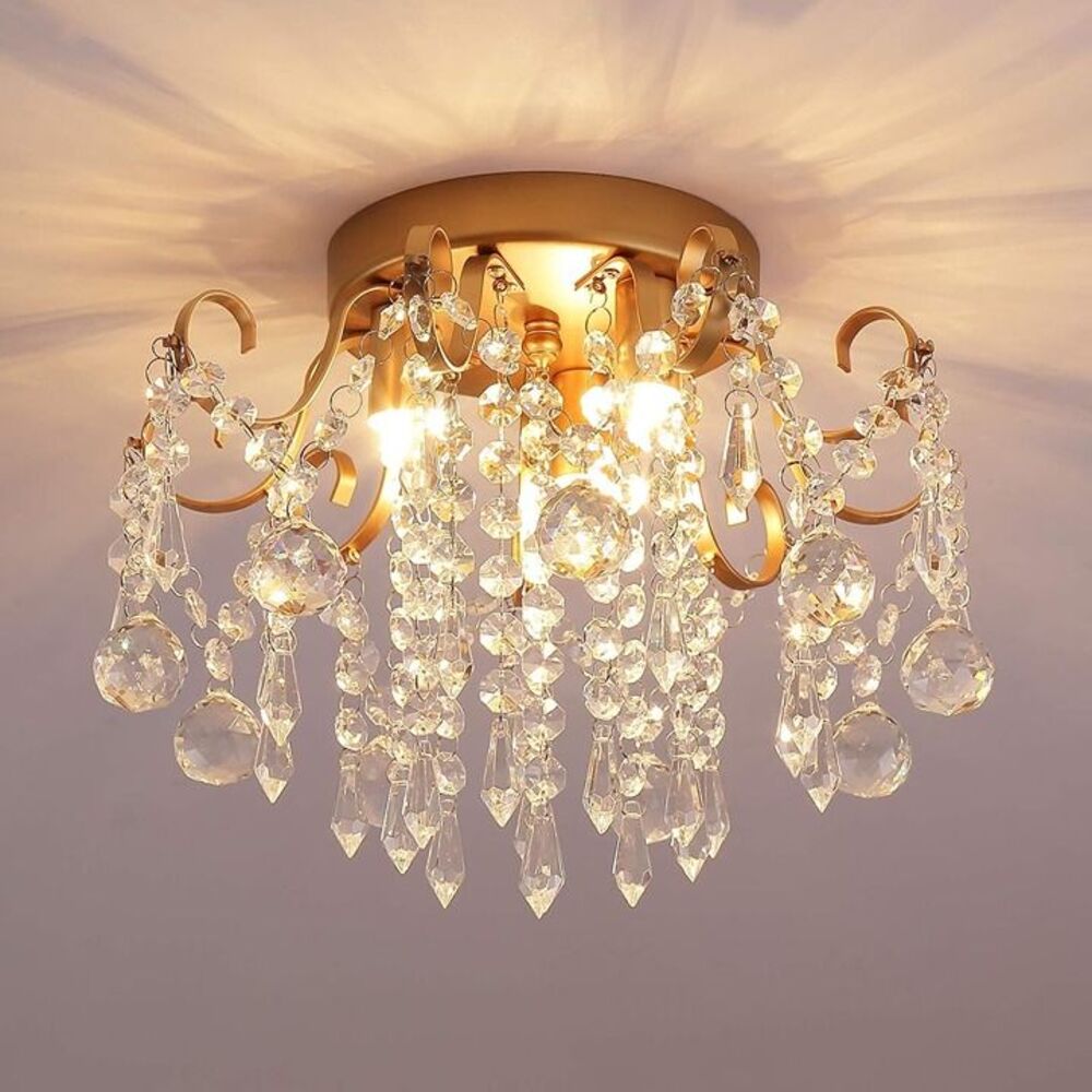 Q&S Mini Chandelier Crystal Ceiling Light,Small Flush Mount Gold Light Fixture